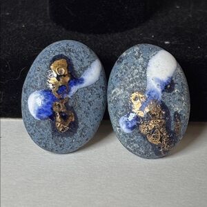 Vintage Handmade Clip on Blue and Gold Tone Ceramic/Porcelain Stone Earrings